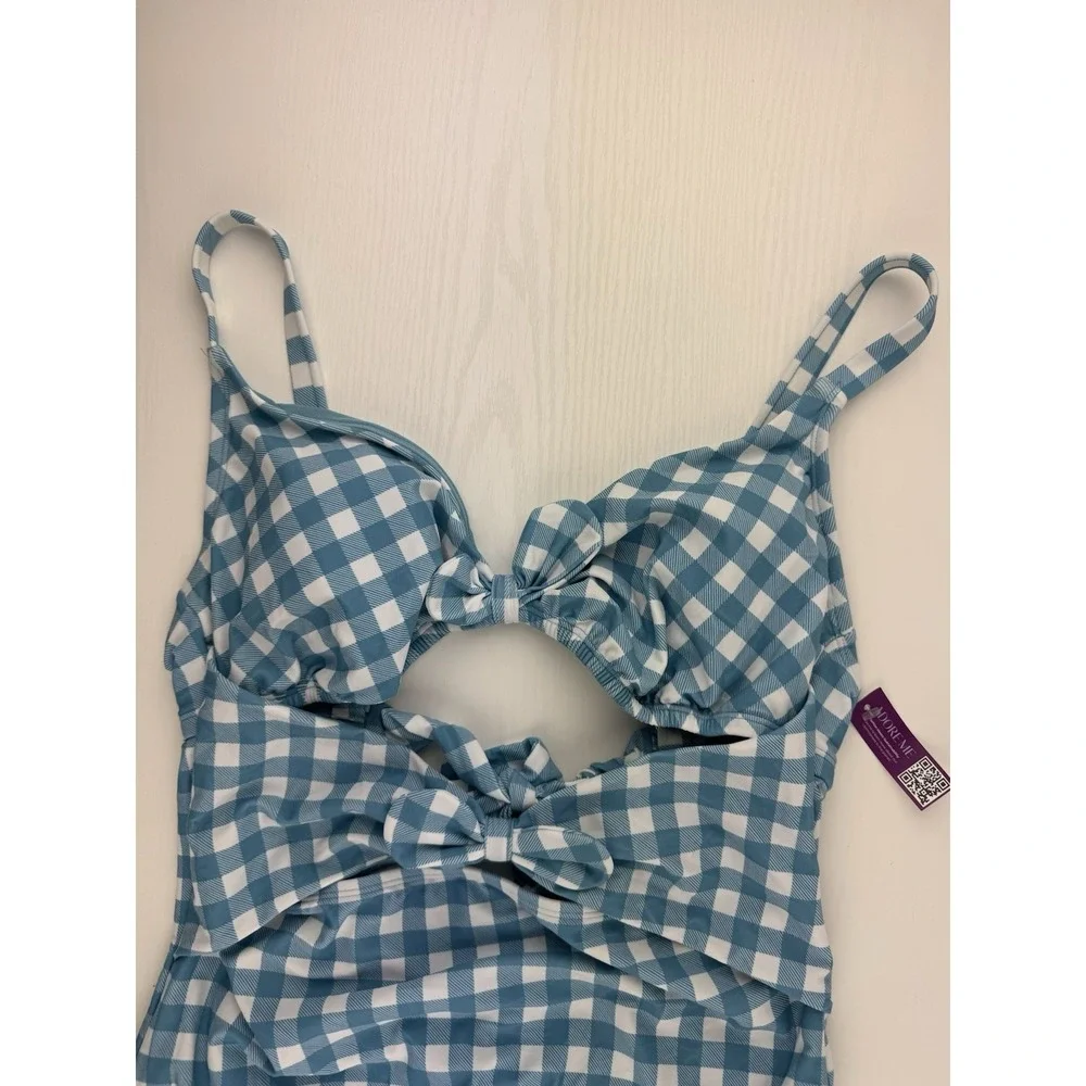 Adore Me Gingham One Piece Swimsuit 0X‎ Blue White Cutout Bow Front NWT Plus